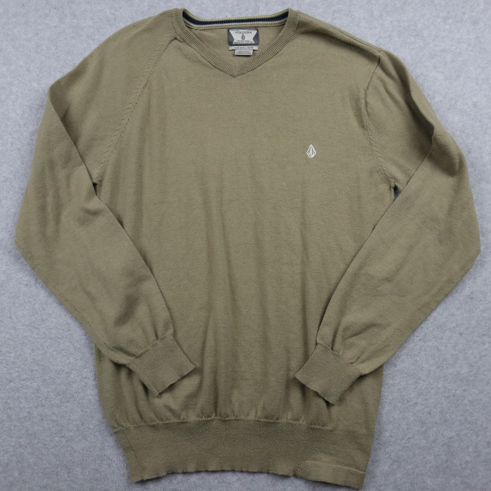 Volcom Sweater Mens Small Lightweight Pullover Knit V-Neck Logo Tan Long Sleeve